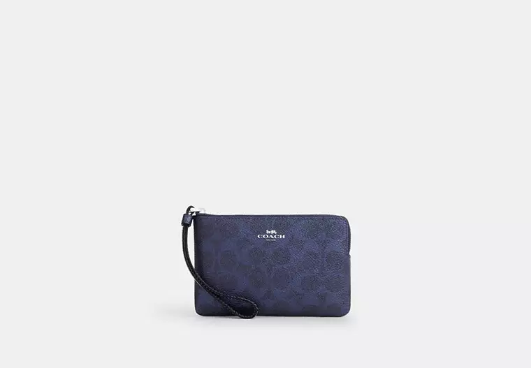 Coach Women's Small Corner Zip Wristlet in Signature Jacquard (Denim / Dark Denim)